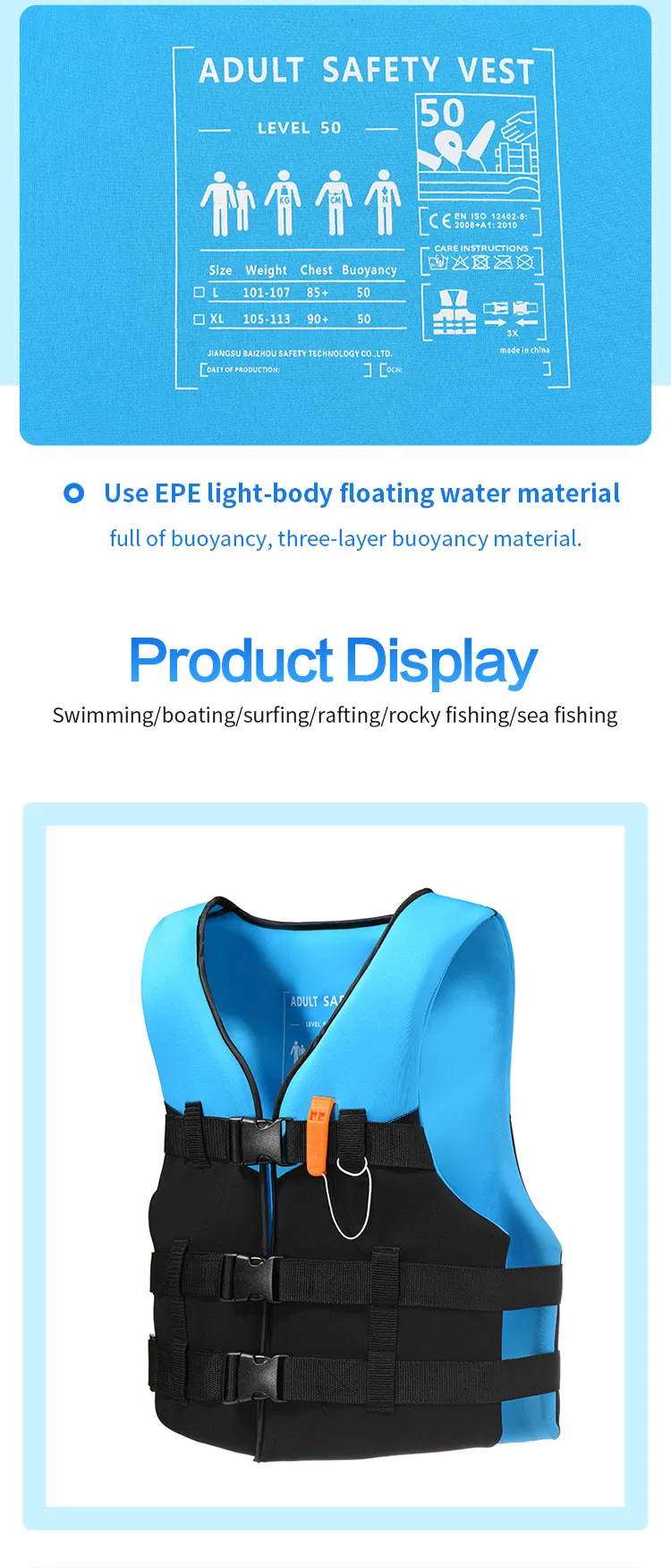 2021 Baizhou Newest Buoyancy Manufacturing EPE Neoprene Foam Life Jacket OEM Safety Vest