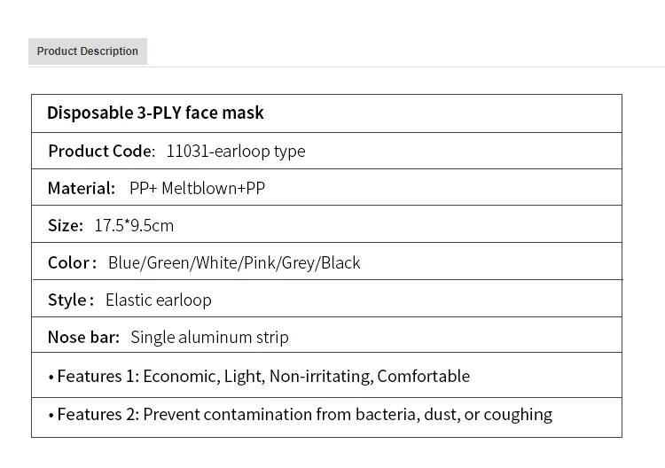 Blue Earloop Disposbale PP Nonwoven Anti Virus Face Mask