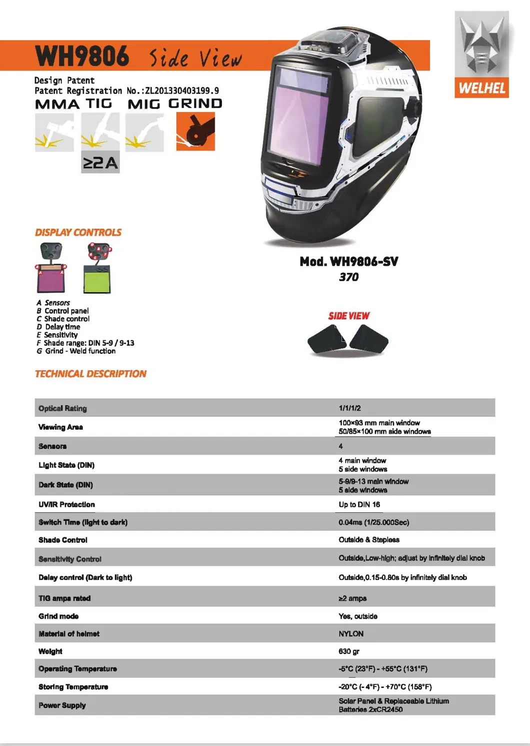 Solar Power Supply/Side View/Safety Helmet/Wh9806-Sv/Outside Grinding Mode